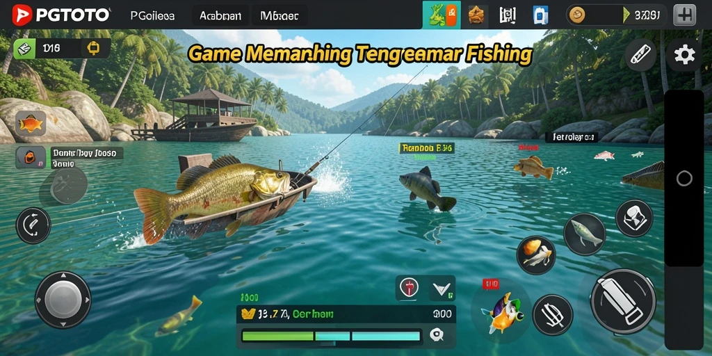 Screenshot game PGTOTO menunjukkan pemain memancing di lokasi eksotis.